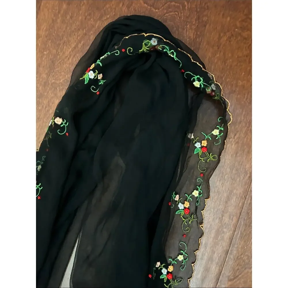 Black Sheer Scalloped Scarf with Colorful Floral Embroidery, Feminine Witchy